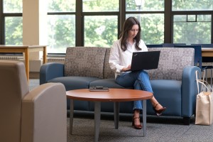 Female sitting on a couch with a laptop.
