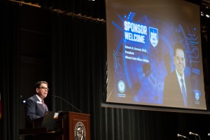 Mount Saint Mary College President Dr. Robert Gervasi welcomes a record-breaking crowd of more than 700 registrants to the Newburgh campus for the Hudson Valley Regional AI Summit on Tuesday, March 10. 