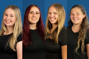Four women in black. Left to right: Kate Egan of Levittown, N.Y., recipient of the Father Michael J. Gilleece Memorial Award; Nicole Kreischer of Washingtonville, N.Y., recipient of the Mount Saint Mary College Award; Sabrina Scire of Staten Island, N.Y.,