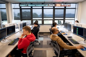 Students use cutting-edge Bloomberg Terminals at the new Joseph F. Maloney Memorial Investment Lab at Mount Saint Mary College. 