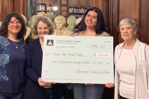 Left to right: Kylie Estrada, incoming president of Dominican Scholars of Hope; Laura Kohlmann, president of the board for Baby Steps Baby Pantry; Arianna Chero, current DSH president, and Susan Surprise, founder of BSBP