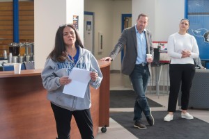 Vice President for College Advancement Nikki Khurana-Baugh addresses students, faculty, and staff inside the Kaplan Recreation Center during the kickoff of the annual “Go Blue for MSMC” campaign on Friday, October 23. The week-long fundraising push aims t