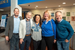 Vice President for College Advancement Nikki Khurana-Baugh addresses students, faculty, and staff inside the Kaplan Recreation Center during the kickoff of the annual “Go Blue for MSMC” campaign on Friday, October 23. The week-long fundraising push aims t