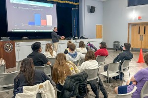Det. Andrew Kryger, Youth Bureau Officer at the Stony Point Police Department, discusses the dangers of driving while impaired or distracted at a recent workshop at Mount Saint Mary College. 