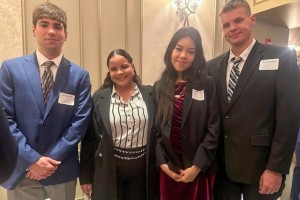 Mount Saint Mary College students networked with regional leaders at the recent New York State Society of CPAs (NYSSCPA) Bankers, Attorneys, CPAs, and Partners Networking Event. From left to right, Michael Poole, Edelin Mora Lora, Jennifer Salazar, and Ni