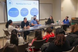 Three working nurses shared their experiences with Mount Saint Mary College students during a recent panel on campus. From left: Student moderator Michelle Tingson-Pregno; panelist Catherine Kingsley, BSN, RN; panelist Matthew Ashley, BSN, RN; panelist Ta