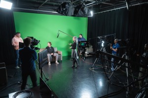 Merle Becker, instructor of Digital Media Production at Mount Saint Mary College, teaches a video class in the college’s newly revamped TV Studio. 