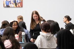 Jennifer Bready, Dean of the School of Arts, Sciences, and Education and Professor of Mathematics at Mount Saint Mary College, mentors high school students during a roundtable session at the Hudson Valley Young Enterprising Women Mentoring Forum. Bready c
