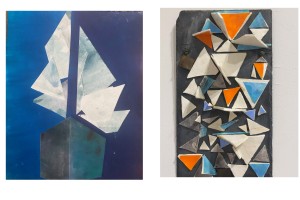 “Departure,” painted pigment on paper (2025); and “Emphera,” slate, porcelain, and hand printed paper and markings (2024) by Anne-Marie Uebbing, associate professor of Nursing at 鶹ɫƬ.
