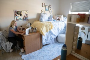 A student sitting a their desk after fully moving in to a double room in Sakac Hall.