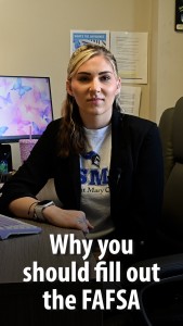 Mount staff member with the text "Why you should fill out the FAFSA" at the bottom of the image.