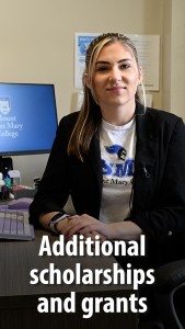Mount staff member with the text "Additional scholarships and grants" at the bottom of the image.