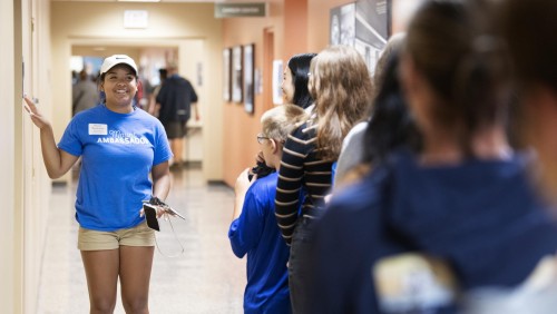 Student ambassador giving a tour of campus.