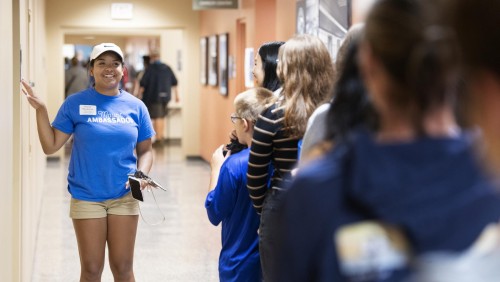 Student ambassador giving a tour of campus. 
