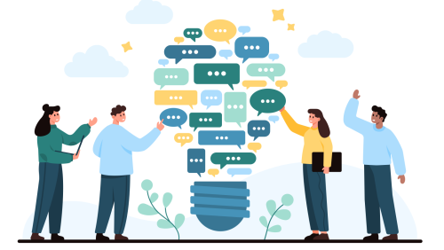 Illustration of people putting speak bubbles into a lightbulb