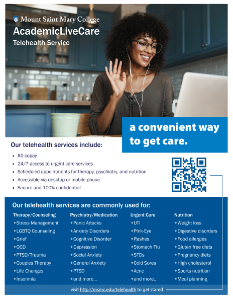 Flyer for Telehealth Services for students. Flyer includes a QR code, and a list of the services telehealth is commonly used for.
