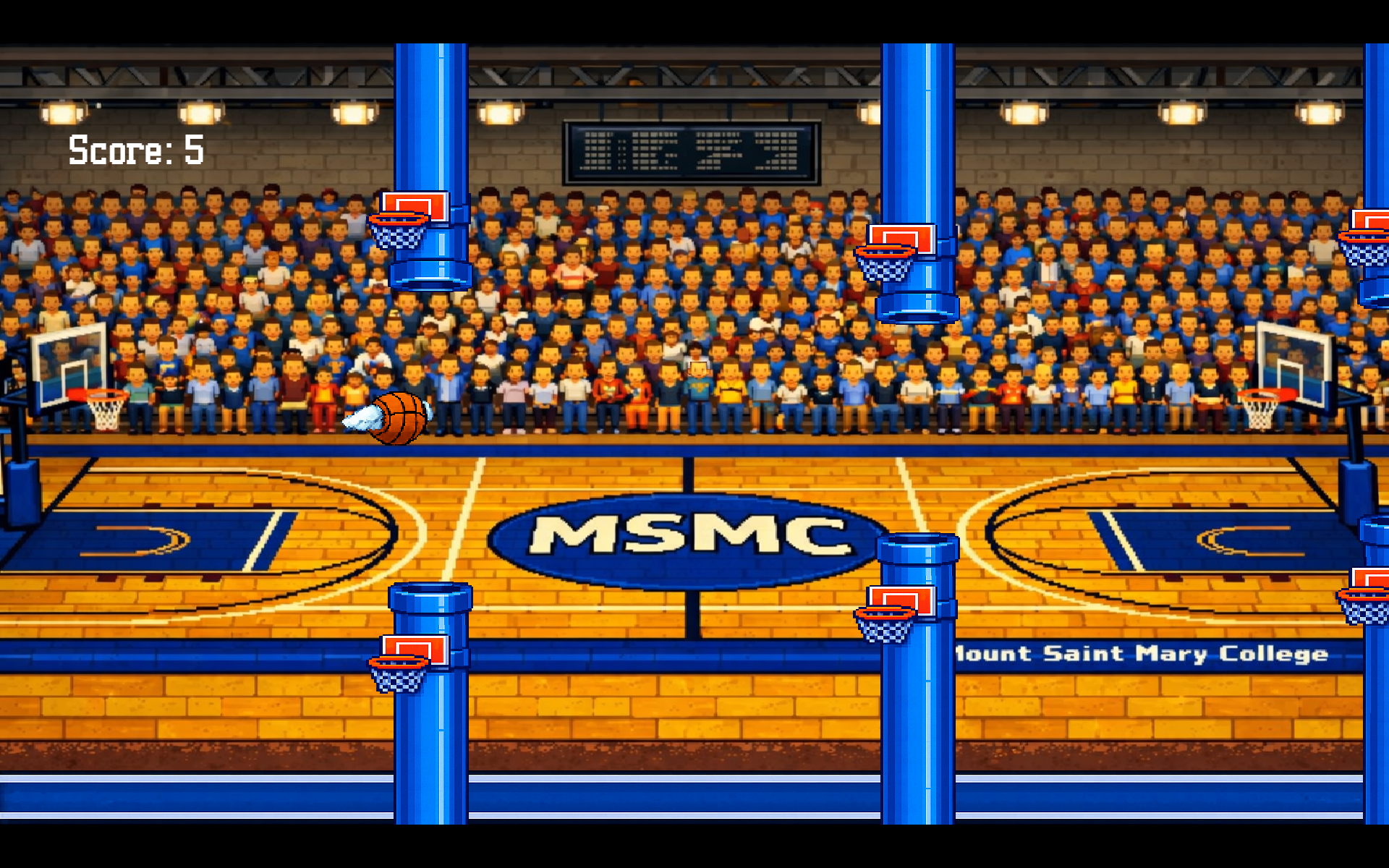A pixel art video game screen styled like Flappy Bird, featuring a flying basketball with wings navigating through blue pipes with basketball hoops on a court that reads "MSMC" and "Mount Saint Mary College."